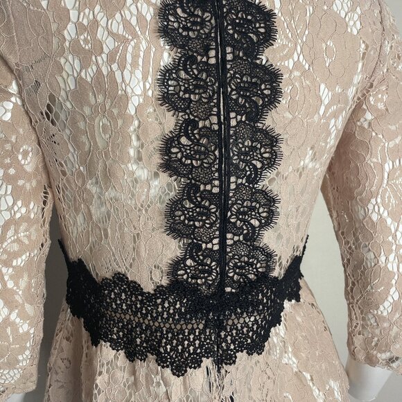 ZARA Lace Sheer Top XS Beige Black Floral High Neck Victorian Romantic Boho Lacy - Picture 6 of 15